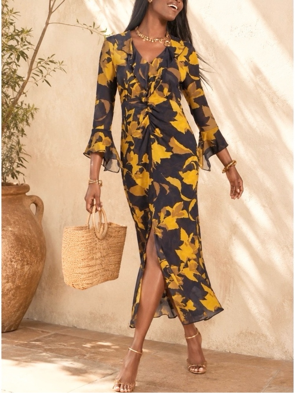 CABI Midnight Dress Blue/Yellow Ruffle Floral Burst M